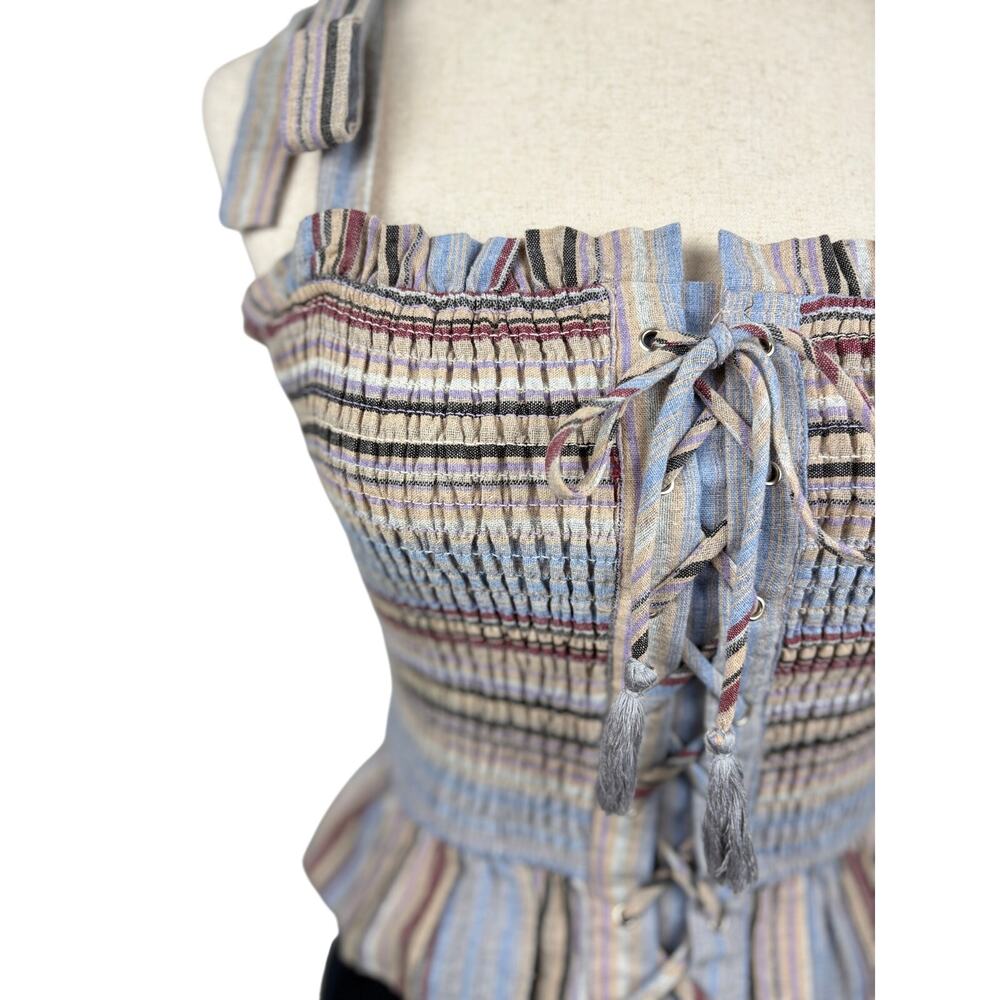 Storia Smocked Corset Tie Strap Top Size M Boho Striped Lace Up - Picture 4 of 5